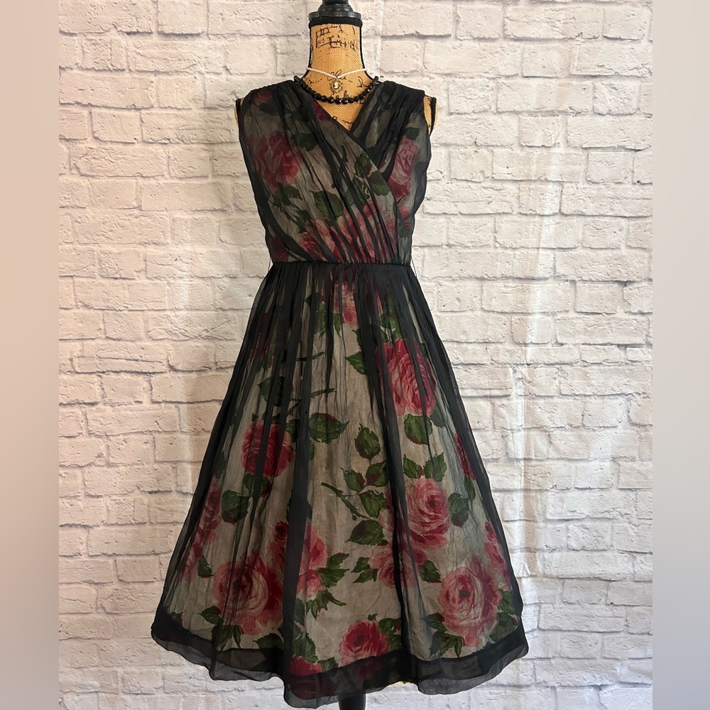 Vintage 50s Dress WOUNDED BIRD Black Pink Floral Midi Evening Formal Party Prom - Picture 3 of 17
